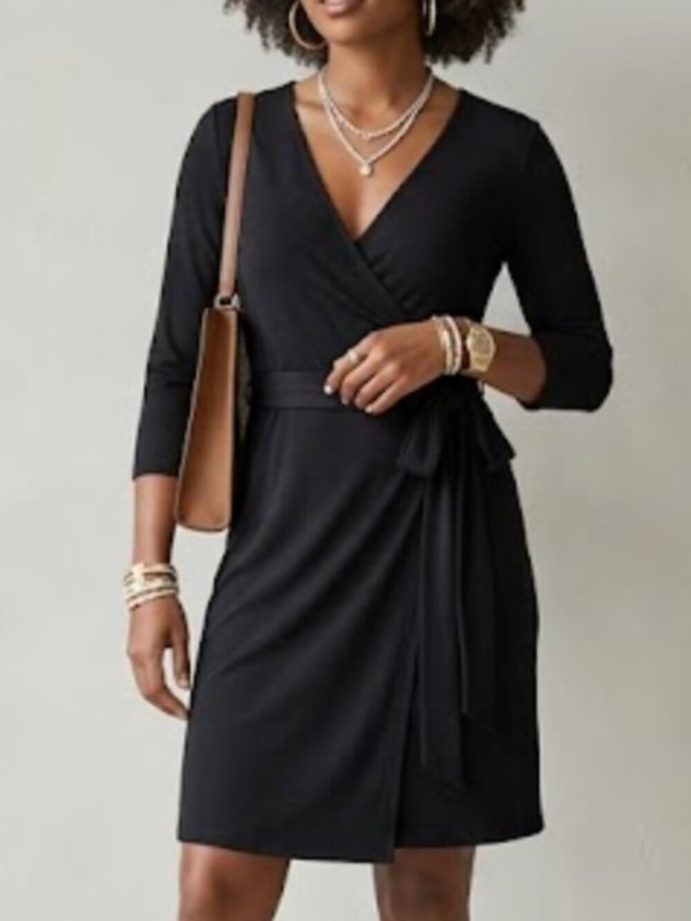Max Studio V-Neck Wrap Tie 3/4 Sleeve Jersey Knit LBD Little Black Dress SZ M